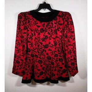 Vintage Richard Warren Silk Peplum Button Long Sleeve Floral Red Top Size 10